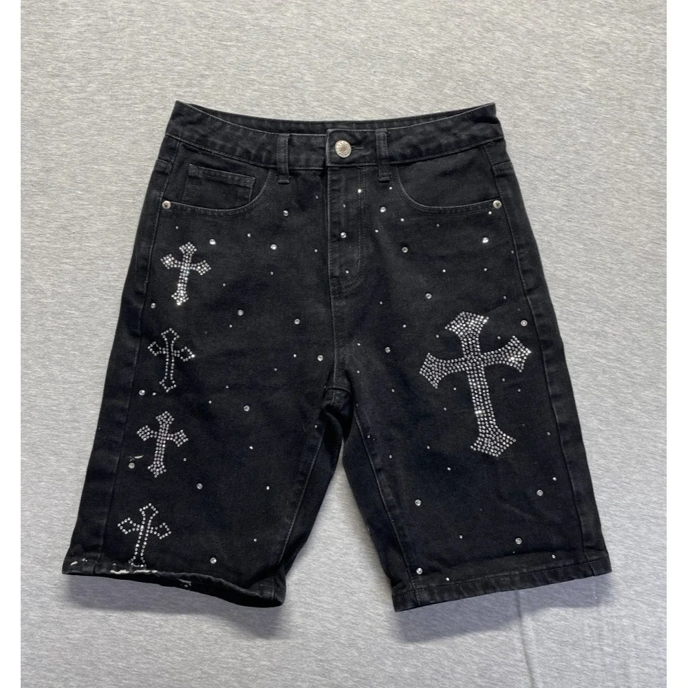 Mens Shorts 28 Black Dark Wash Denim Embellished Rhinestone Cross Cotton Casual